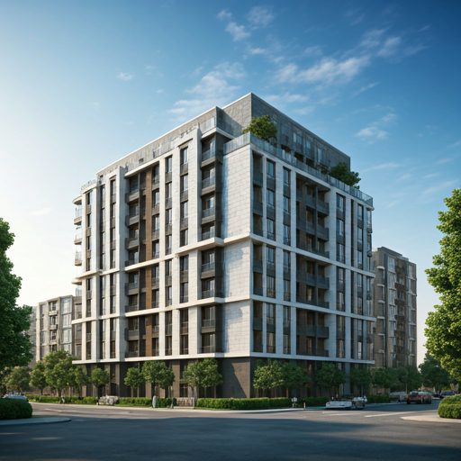 3D illustration of a modern luxury apartment building and tenant dashboard widget